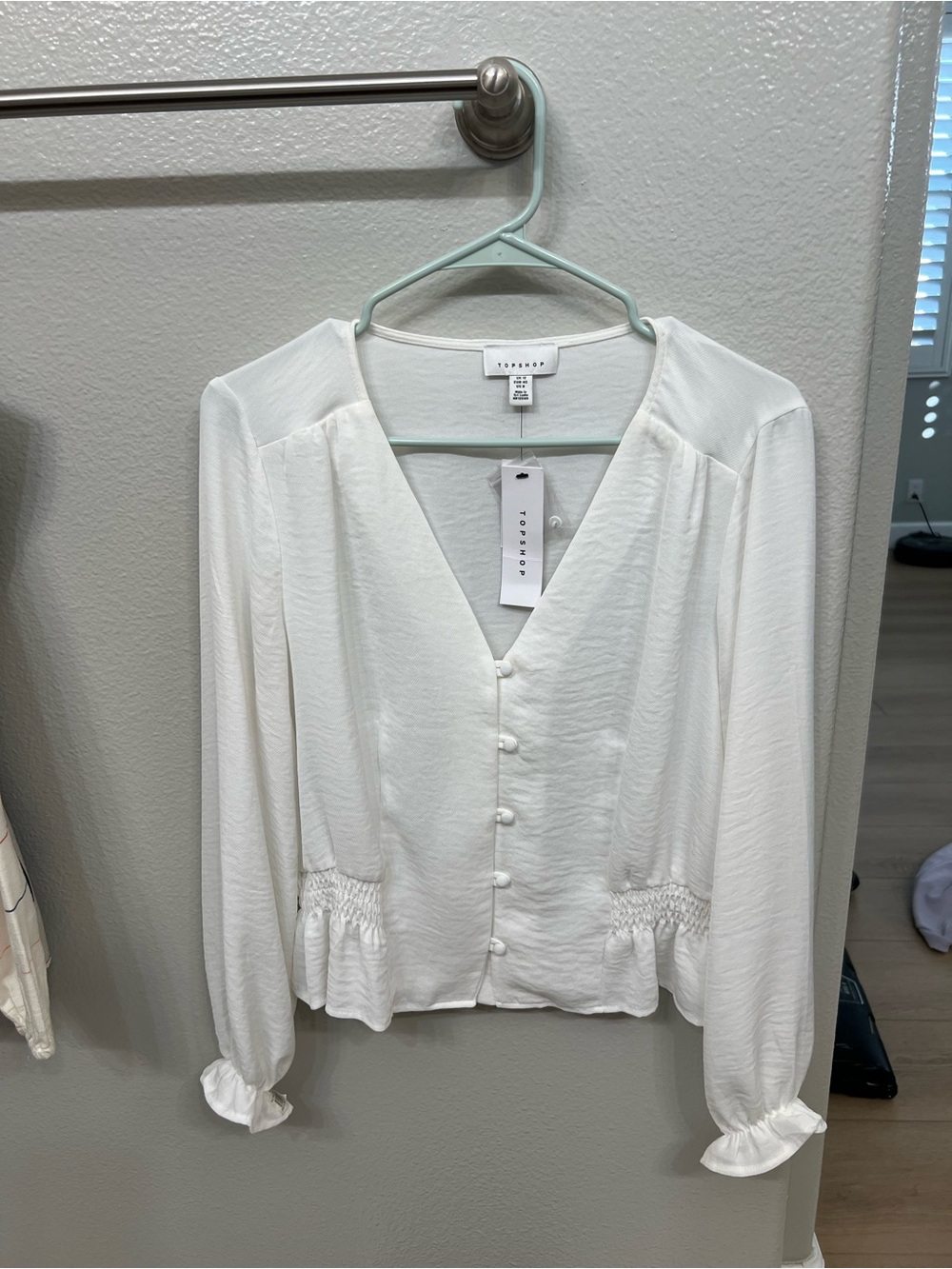 Topshop Cream Button-Front V-Neck Blouse with Ruffle Hem